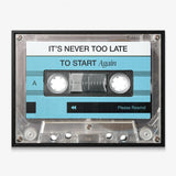 Never Too Late blue cassette canvas in a black floating frame