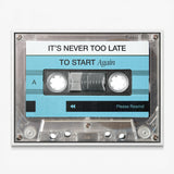 Never Too Late blue cassette canvas in a white floating frame