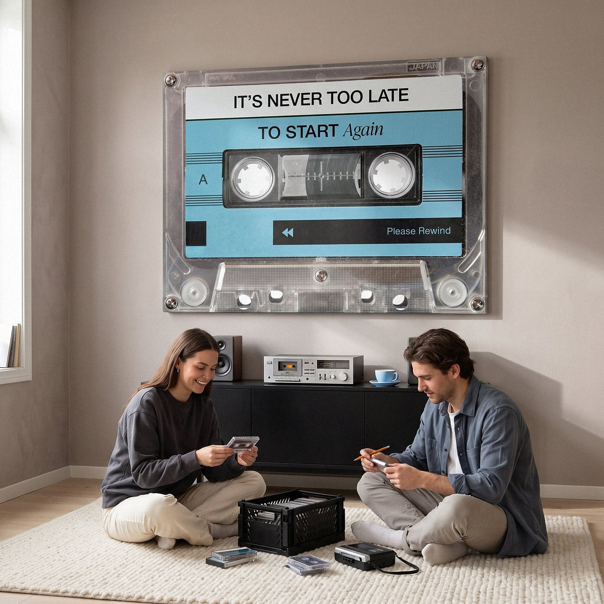 Couple relaxing in a lounge under the Never Too Late blue cassette canvas