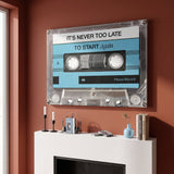 Never Too Late blue cassette canvas on the wall of a contemporary living room