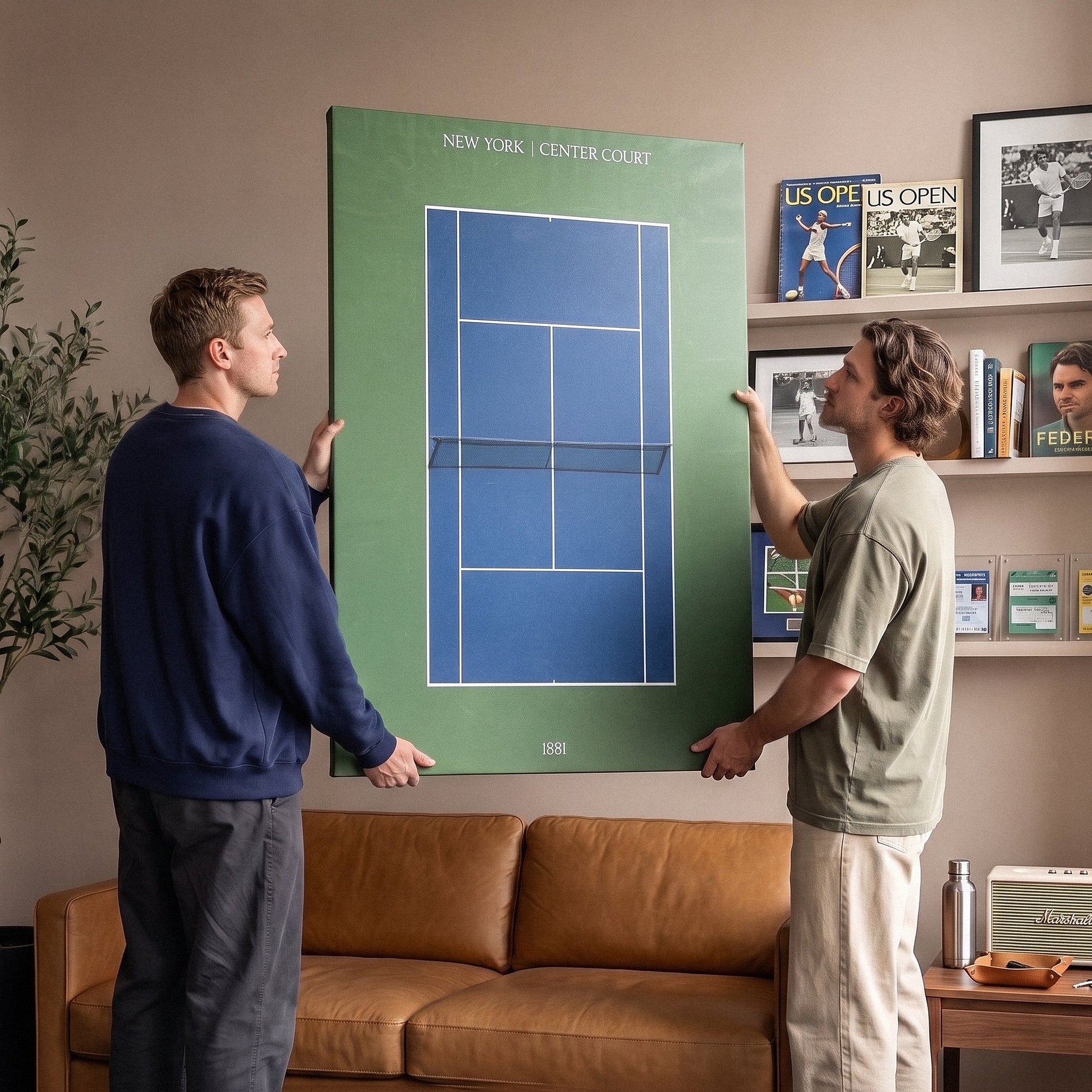 New York Center Court tennis canvas in a styled tennis den