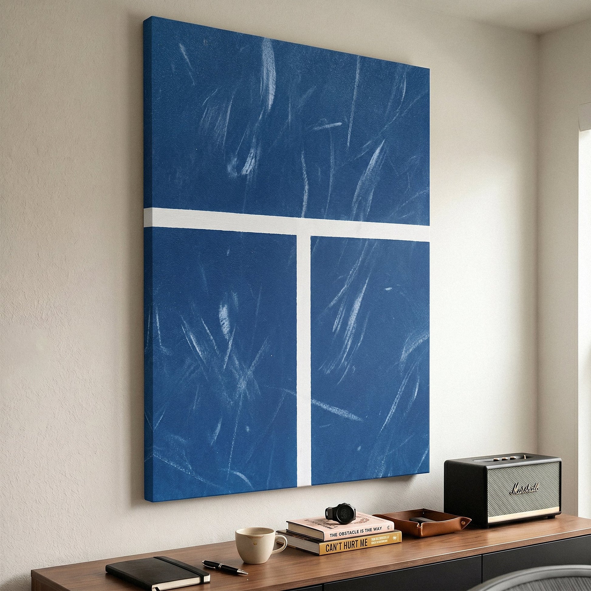 New York Court tennis canvas print on a living room wall at a gentle angle showing the gallery-wrapped edge