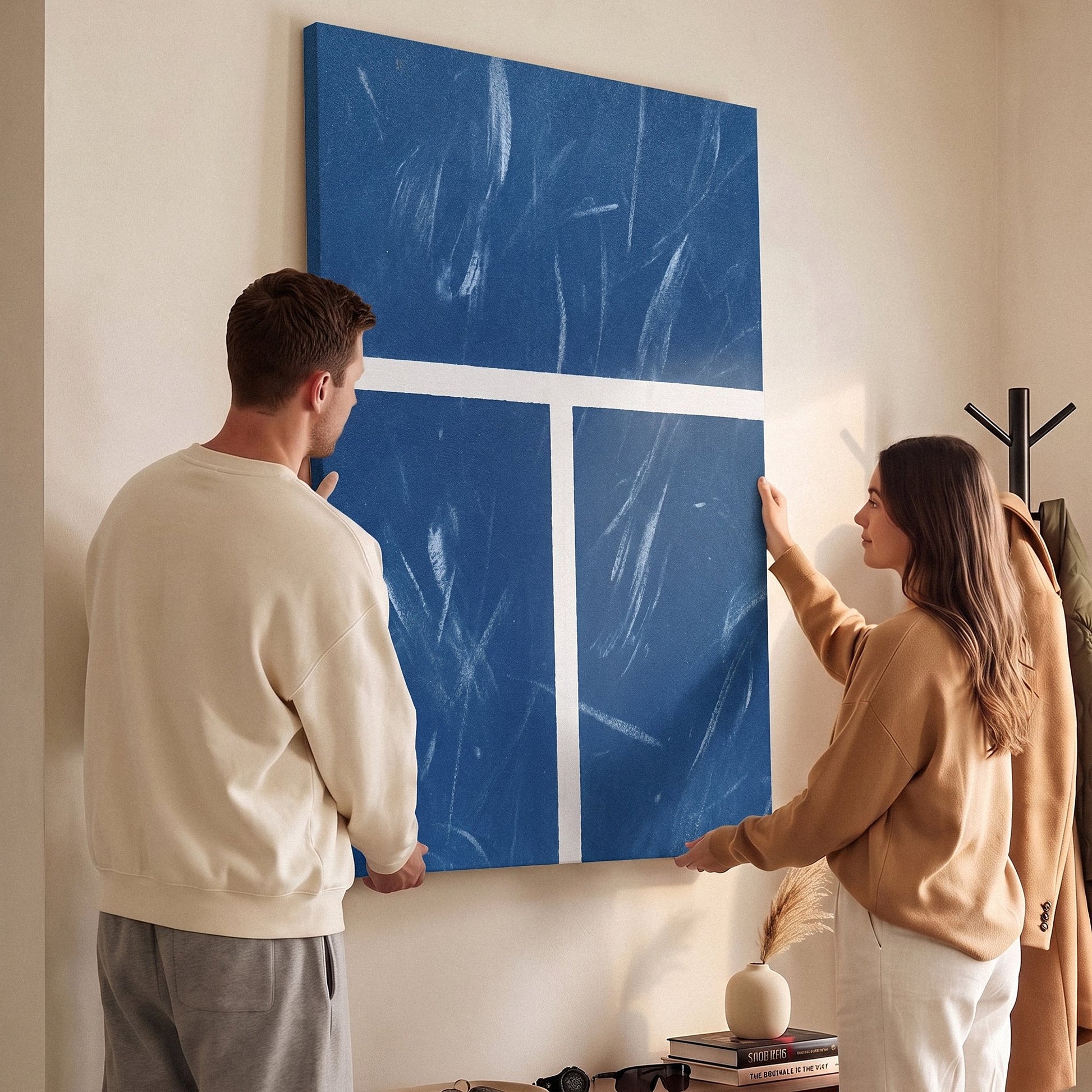 Two people viewing the New York Court tennis canvas print together in a home setting