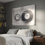 Life Has No Rewind cassette tape canvas in a modern bedroom with a vinyl record shelf