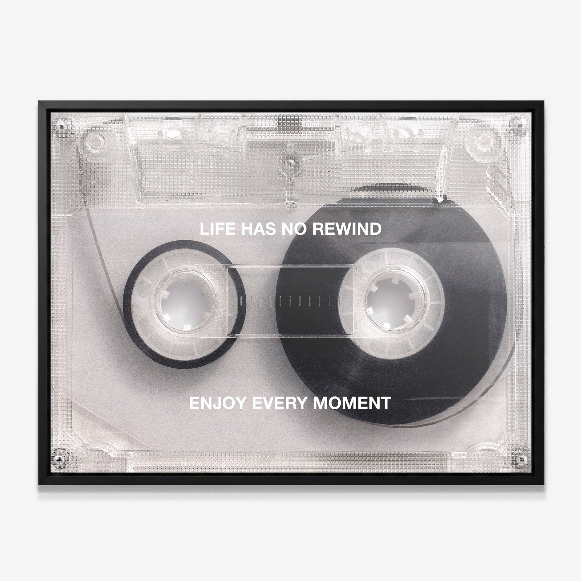 Life Has No Rewind cassette tape canvas in a black floating frame