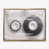 Life Has No Rewind cassette tape canvas in a gold floating frame