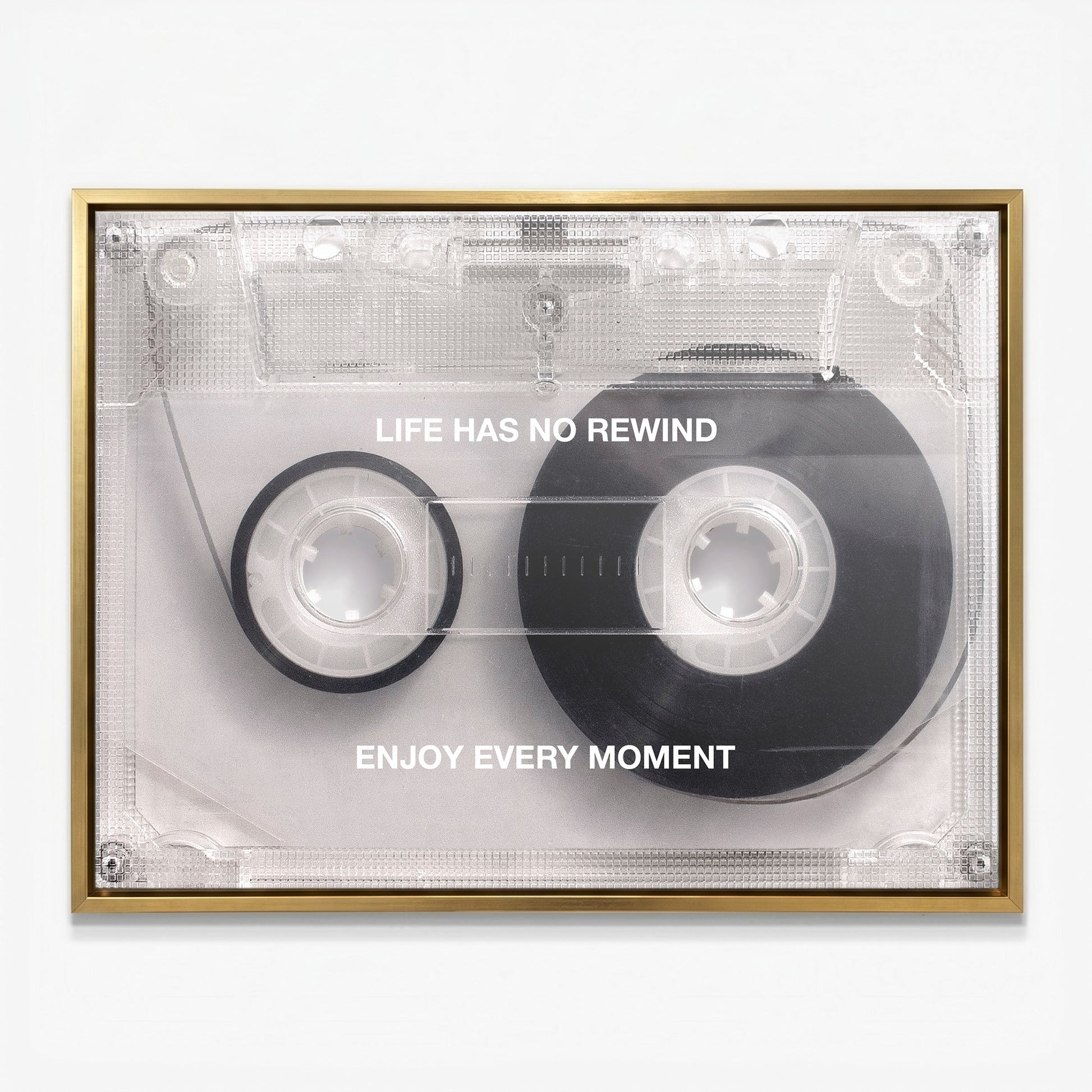 Life Has No Rewind cassette tape canvas in a gold floating frame