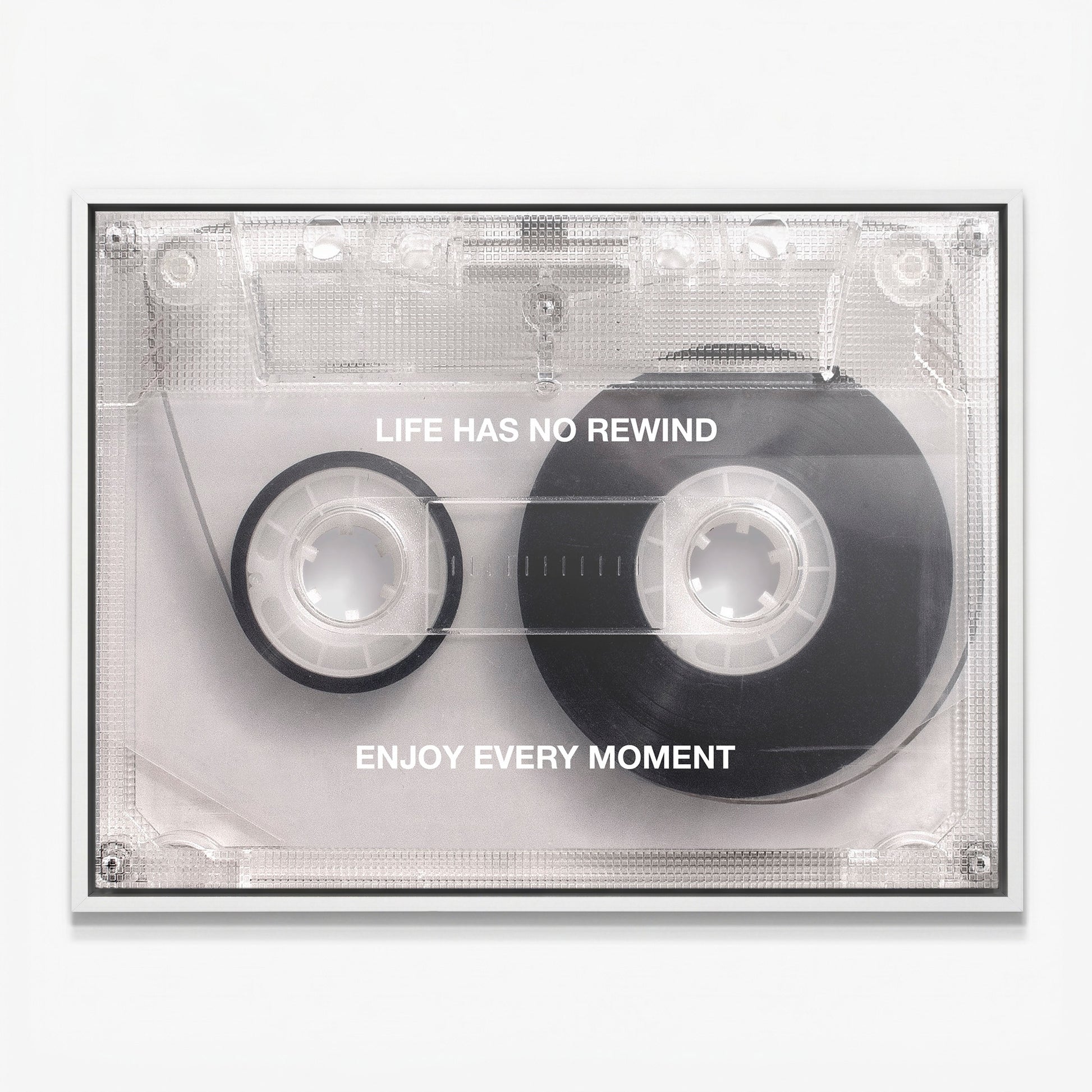 Life Has No Rewind cassette tape canvas in a white floating frame