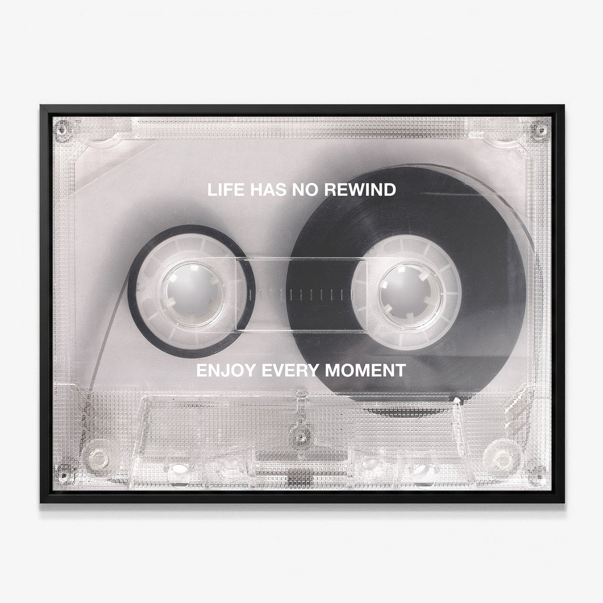 No Rewind Flip Edition flipped cassette canvas in a black floating frame