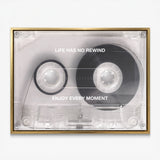 No Rewind Flip Edition flipped cassette canvas in a gold floating frame