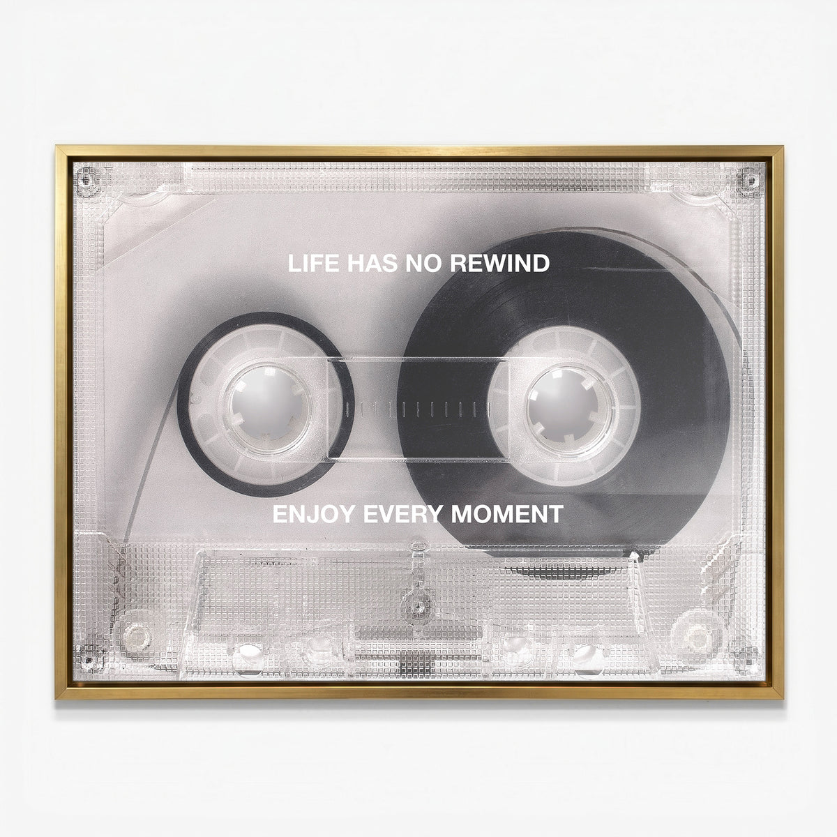 No Rewind Flip Edition flipped cassette canvas in a gold floating frame