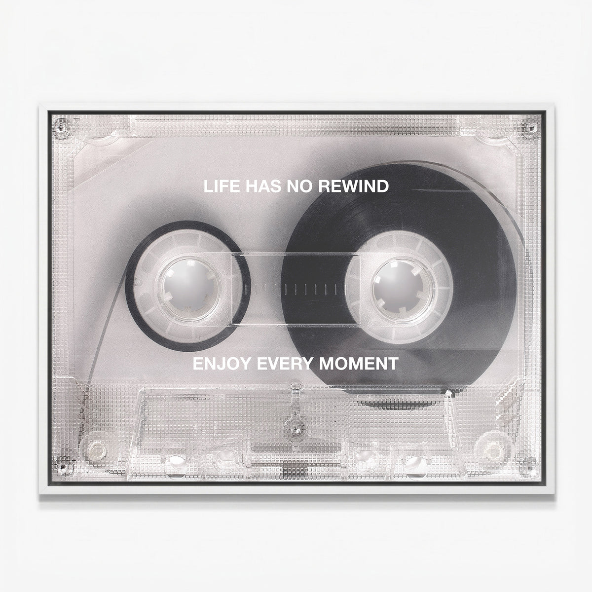 No Rewind Flip Edition flipped cassette canvas in a white floating frame