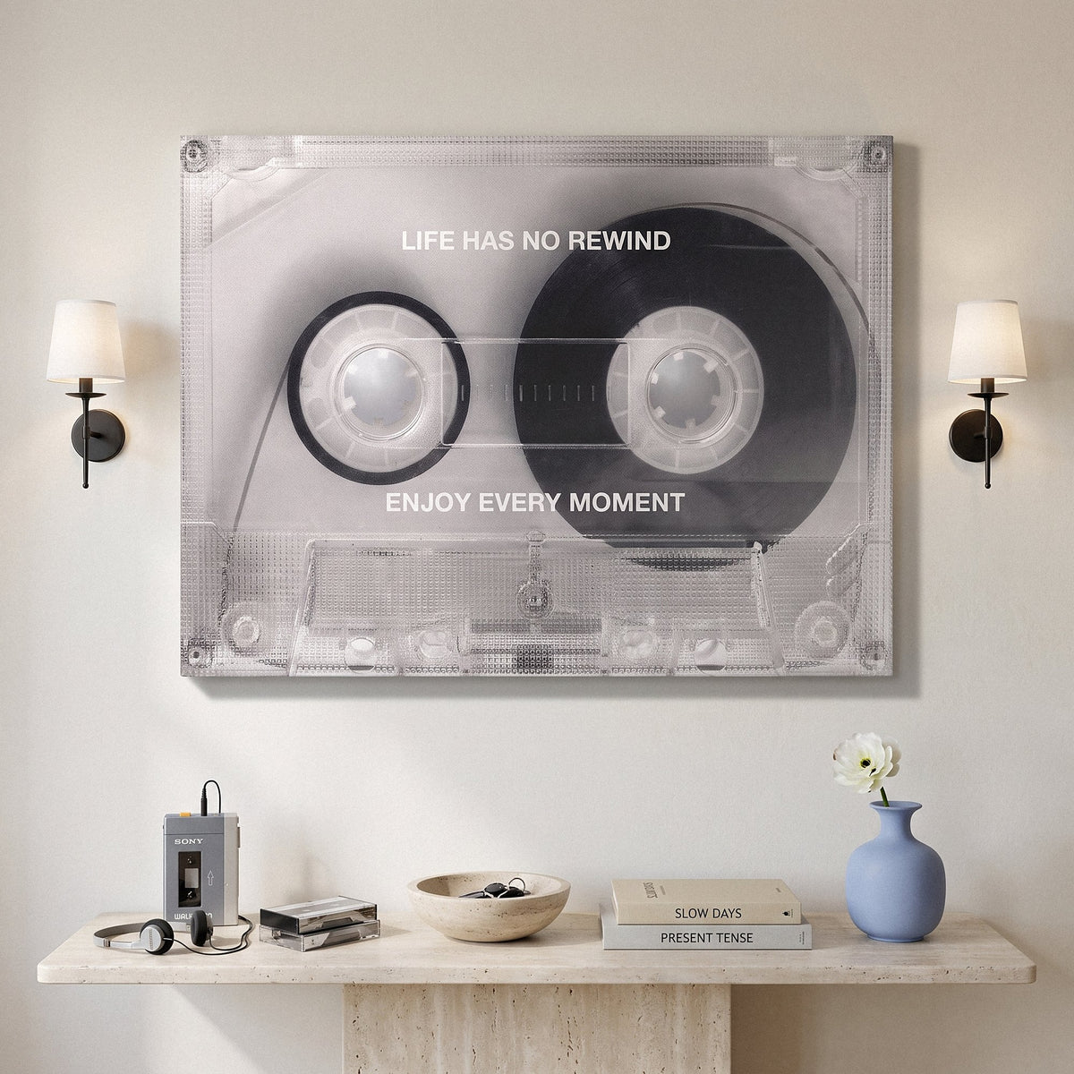 No Rewind Flip Edition flipped cassette canvas hanging on the wall of a modern home office