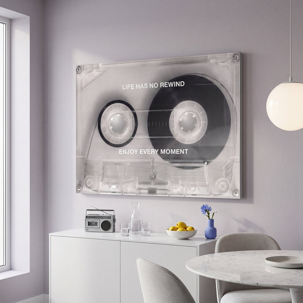 No Rewind Flip Edition flipped cassette canvas on the wall of a contemporary living room