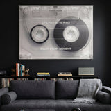 Life Has No Rewind cassette tape canvas in a music lover's living room with vinyl records and a Marshall speaker