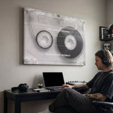 Life Has No Rewind cassette canvas above a music producer's desk with headphones and a MIDI controller