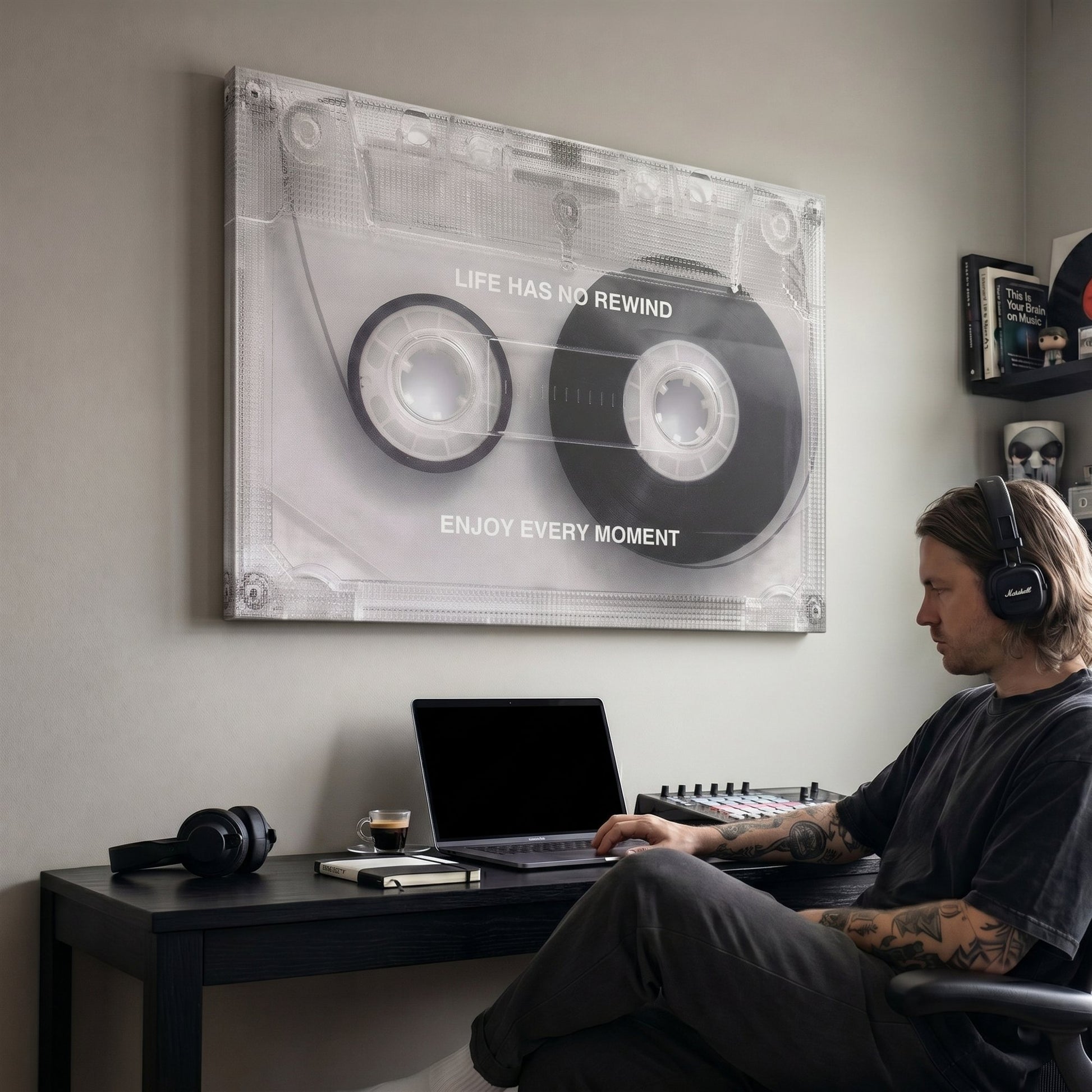 Life Has No Rewind cassette canvas above a music producer's desk with headphones and a MIDI controller
