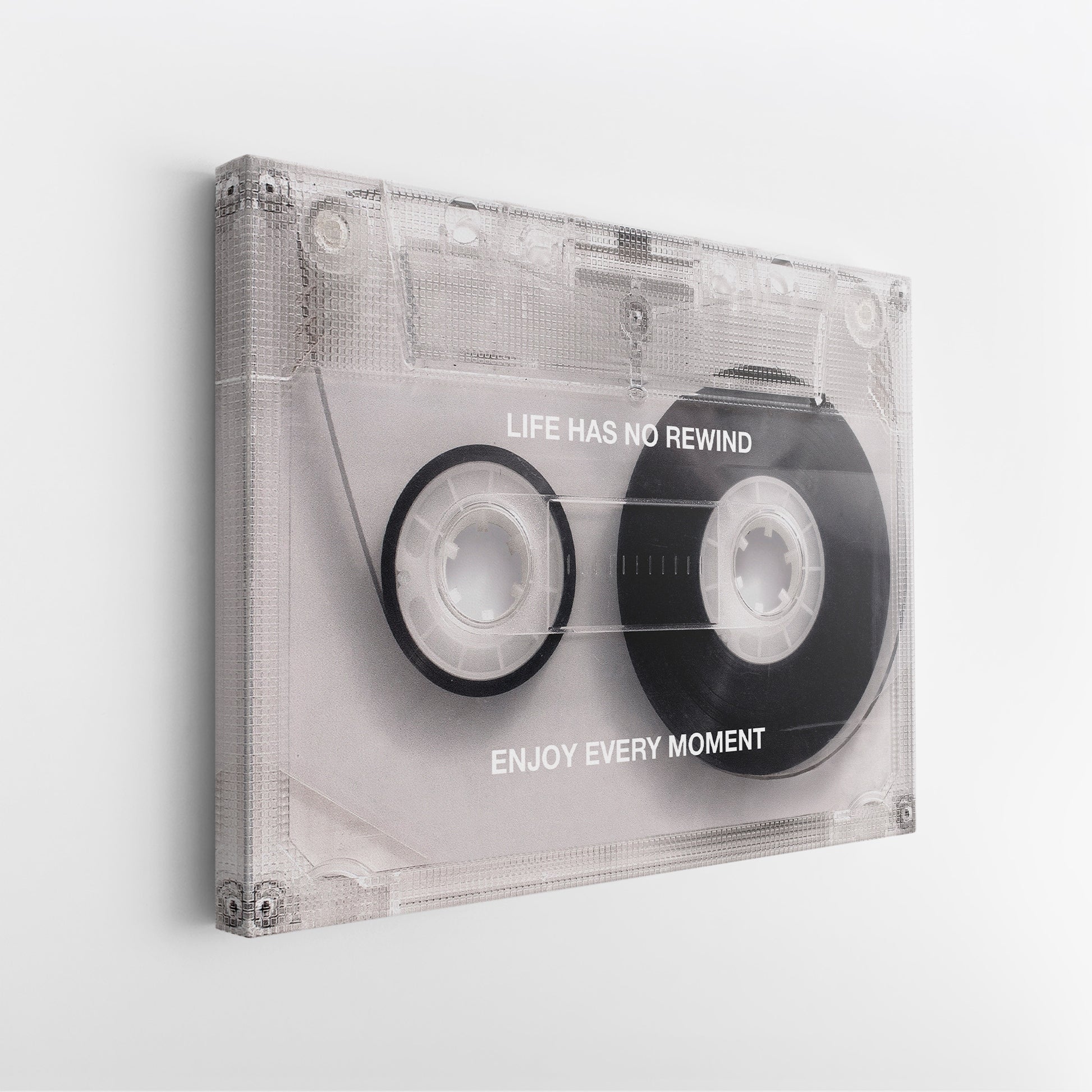 Life Has No Rewind cassette tape canvas print, gallery-wrapped hang on the white wall