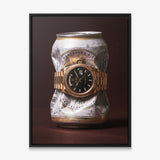 Only Monday crushed white and gold pilsner can with a gold fluted bezel watch canvas wall art in a black floating frame