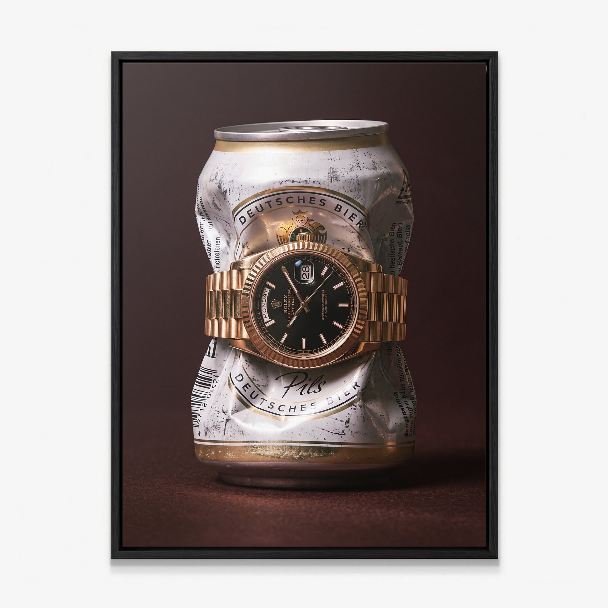 Only Monday crushed white and gold pilsner can with a gold fluted bezel watch canvas wall art in a black floating frame
