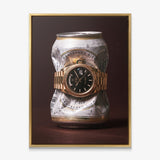 Only Monday crushed white and gold pilsner can with a gold fluted bezel watch canvas wall art in a gold floating frame