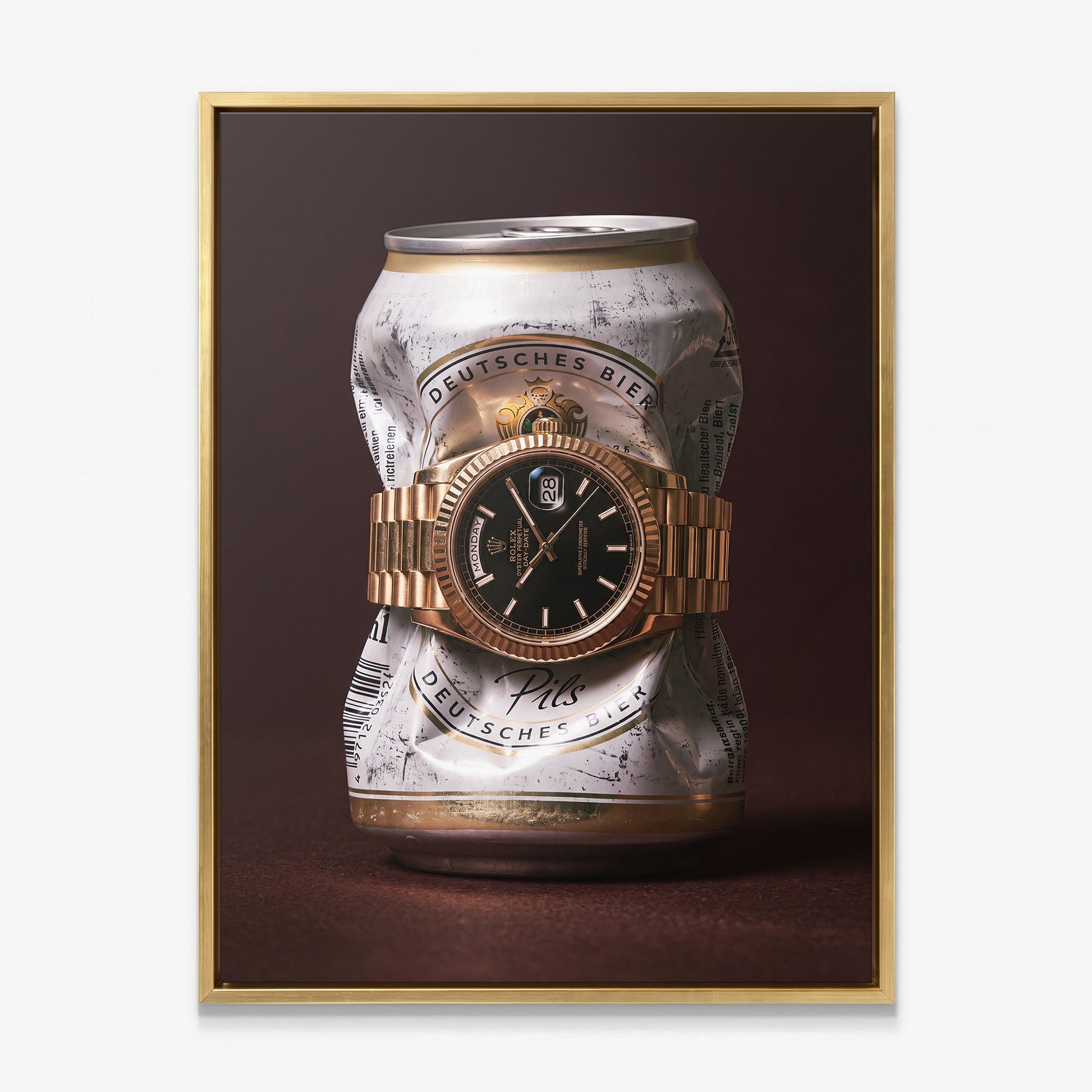 Only Monday crushed white and gold pilsner can with a gold fluted bezel watch canvas wall art in a gold floating frame