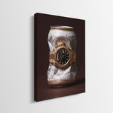 Only Monday crushed white and gold pilsner can with a gold fluted bezel watch canvas wall art side profile showing the gallery wrapped edge