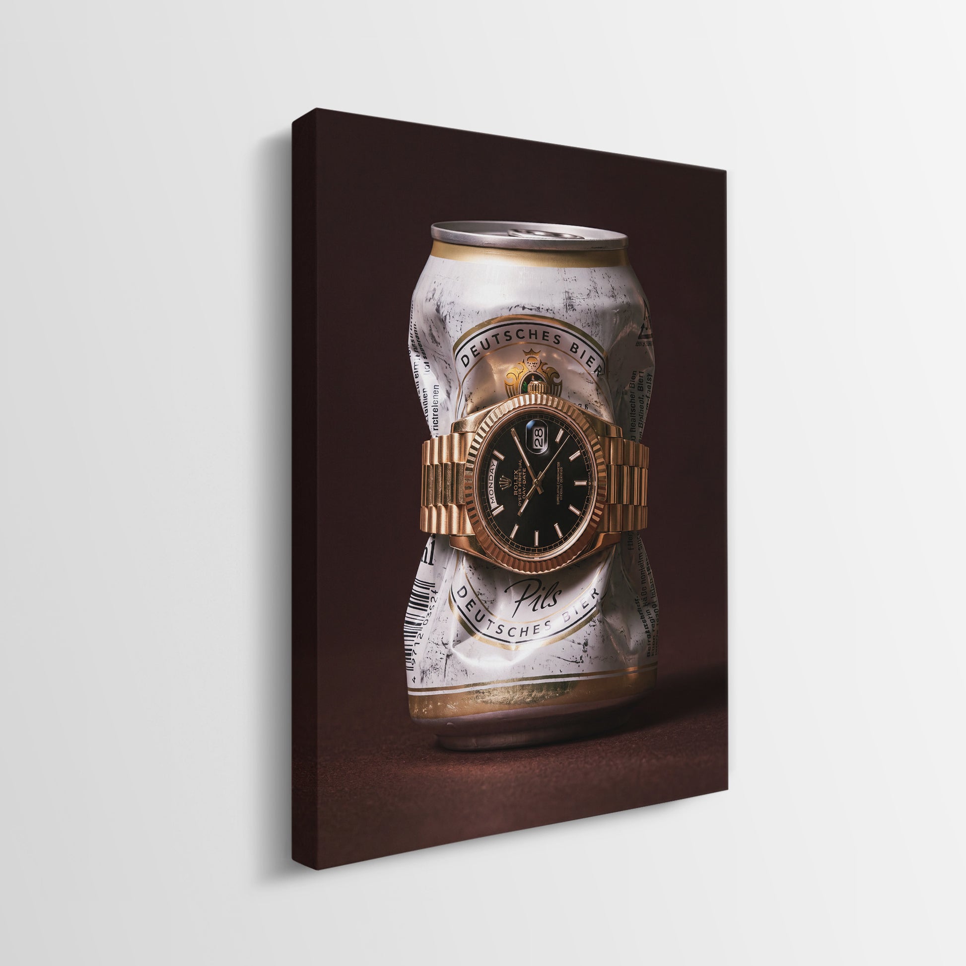 Only Monday crushed white and gold pilsner can with a gold fluted bezel watch canvas wall art side profile showing the gallery wrapped edge