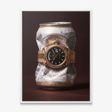 Only Monday crushed white and gold pilsner can with a gold fluted bezel watch canvas wall art in a white floating frame