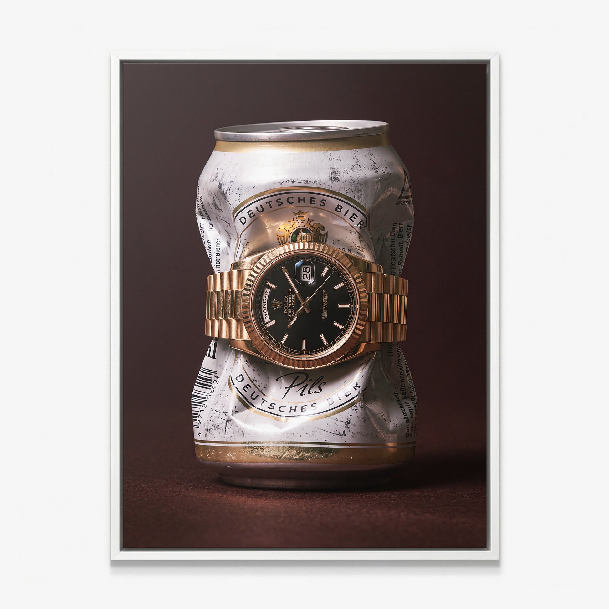 Only Monday crushed white and gold pilsner can with a gold fluted bezel watch canvas wall art in a white floating frame