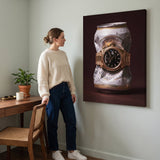 Only Monday crushed white and gold pilsner can with a gold fluted bezel watch canvas wall art in a home interior with a person viewing it