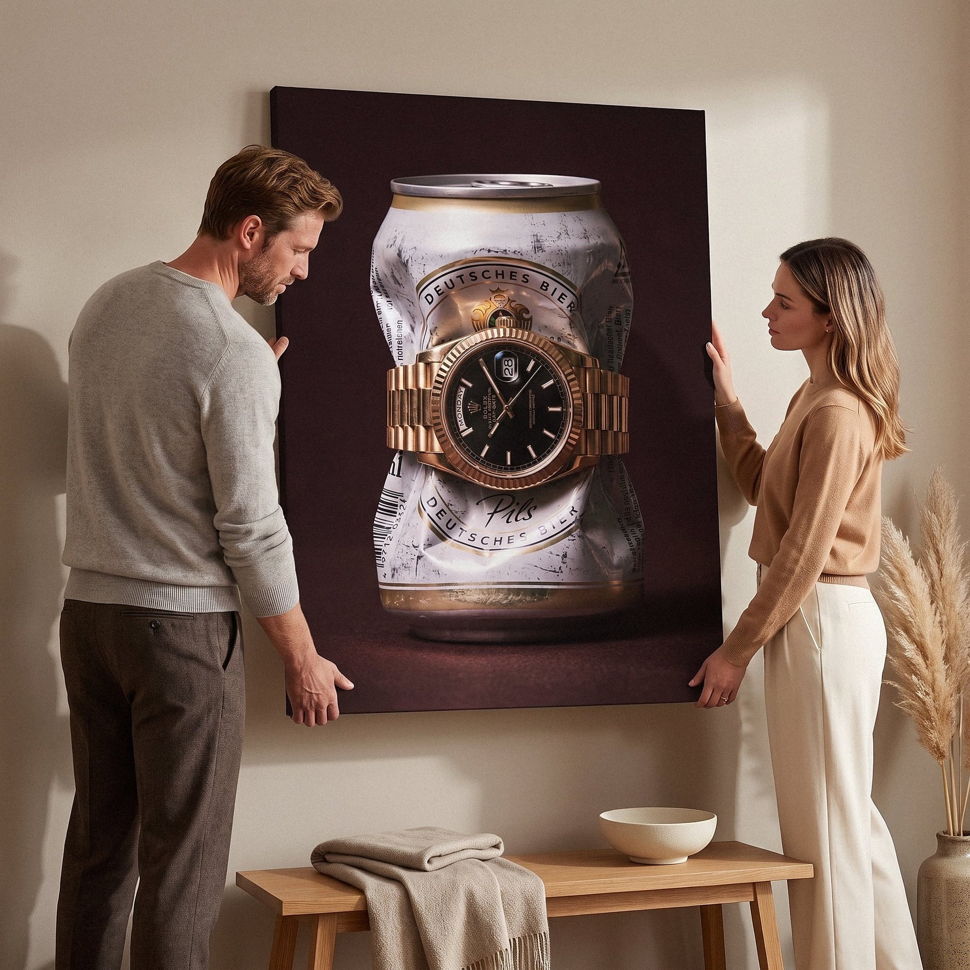 Only Monday crushed white and gold pilsner can with a gold fluted bezel watch canvas wall art on a wall with two people beside it
