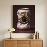 Only Monday crushed white and gold pilsner can with a gold fluted bezel watch canvas wall art hanging in a styled home interior