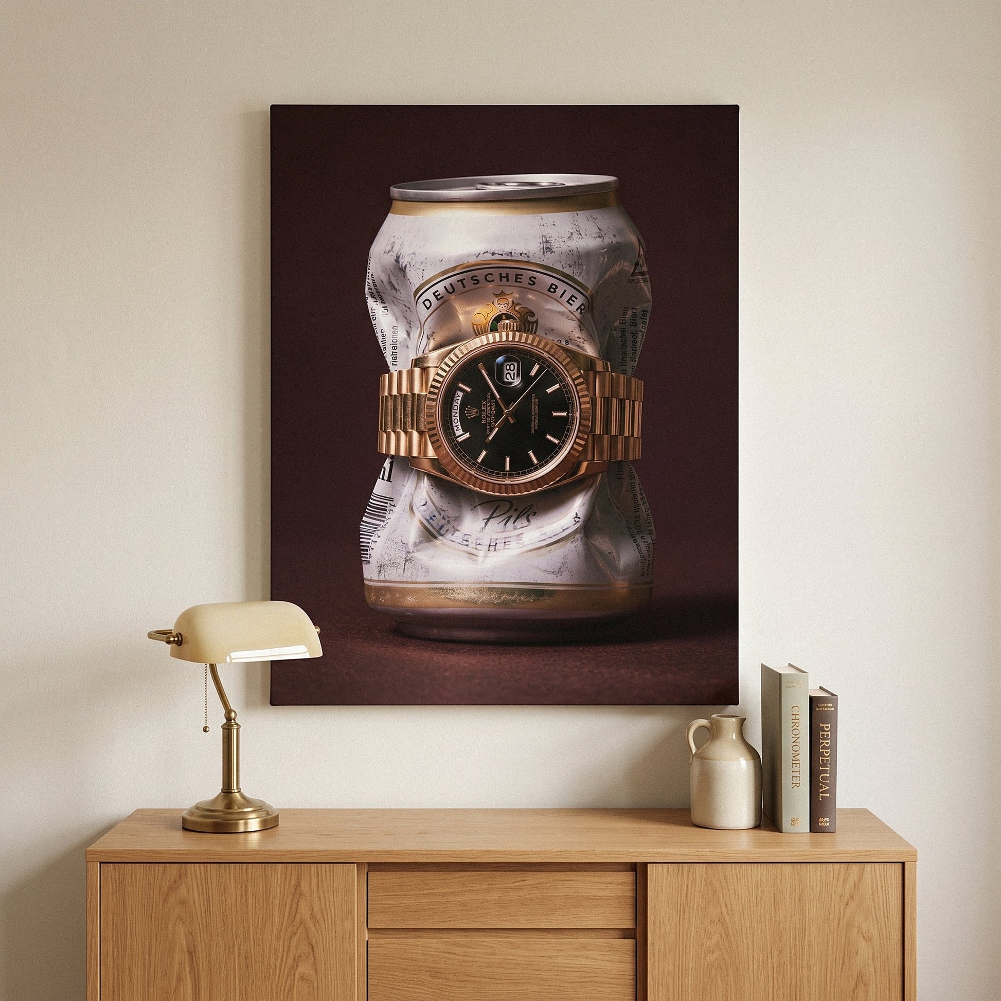 Only Monday crushed white and gold pilsner can with a gold fluted bezel watch canvas wall art hanging in a styled home interior