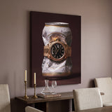 Only Monday crushed white and gold pilsner can with a gold fluted bezel watch canvas wall art seen from the side on a styled wall