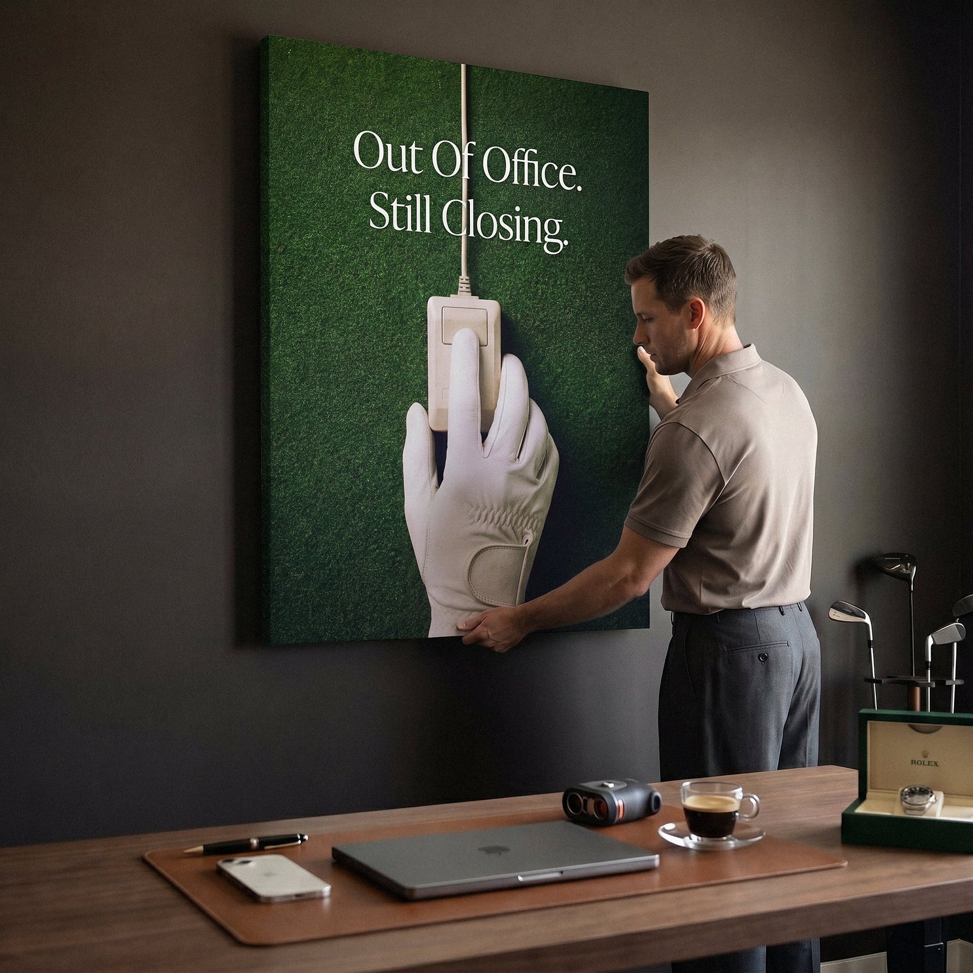 Out Of Office golf canvas held by a person