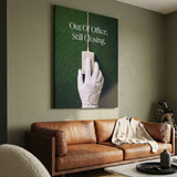 Out Of Office golf canvas at an angle on a wall