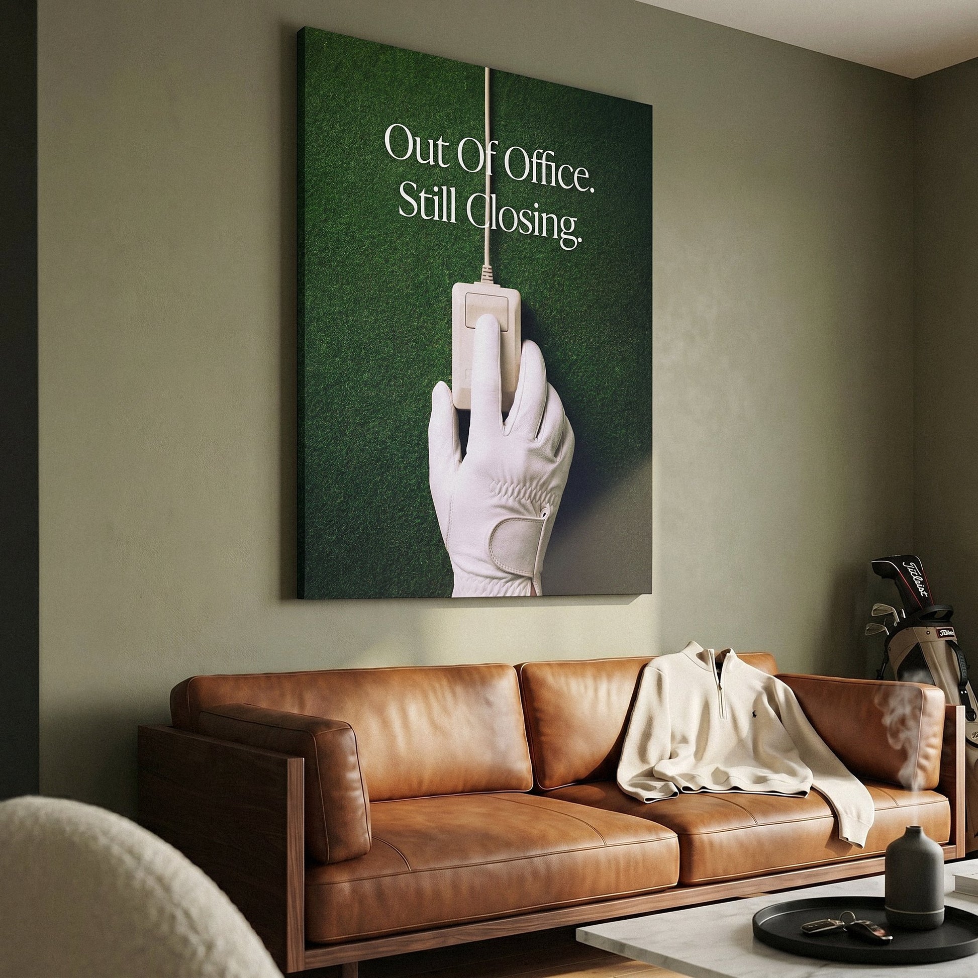 Out Of Office golf canvas at an angle on a wall