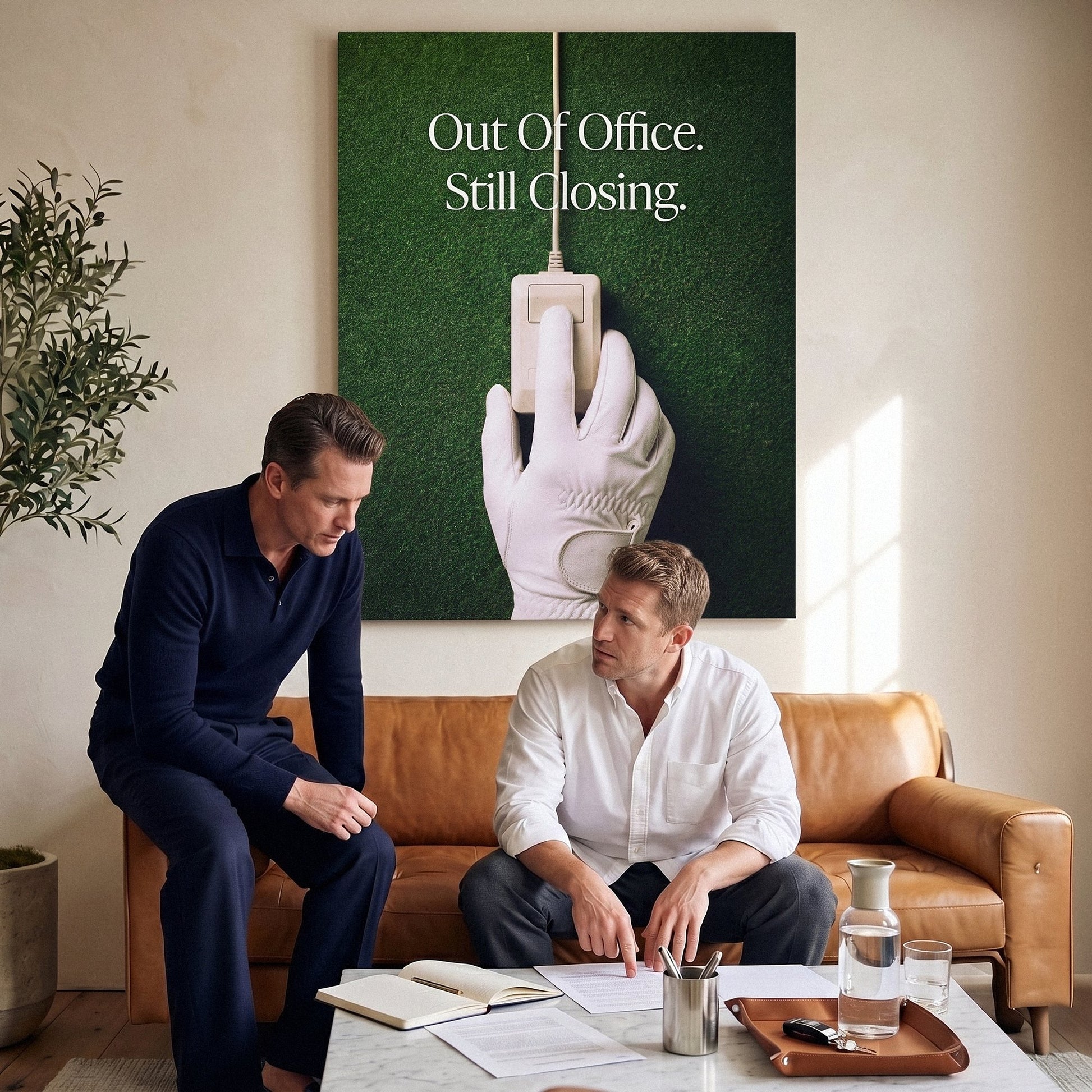 Out Of Office golf canvas viewed by a couple