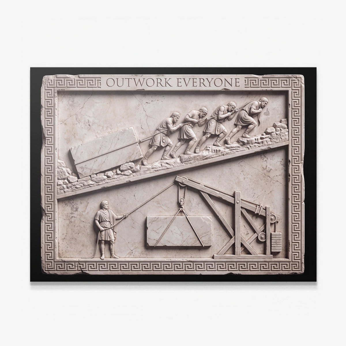 Outwork Everyone canvas wall art, a marble relief of four men hauling a stone block and one man working alone with a crane