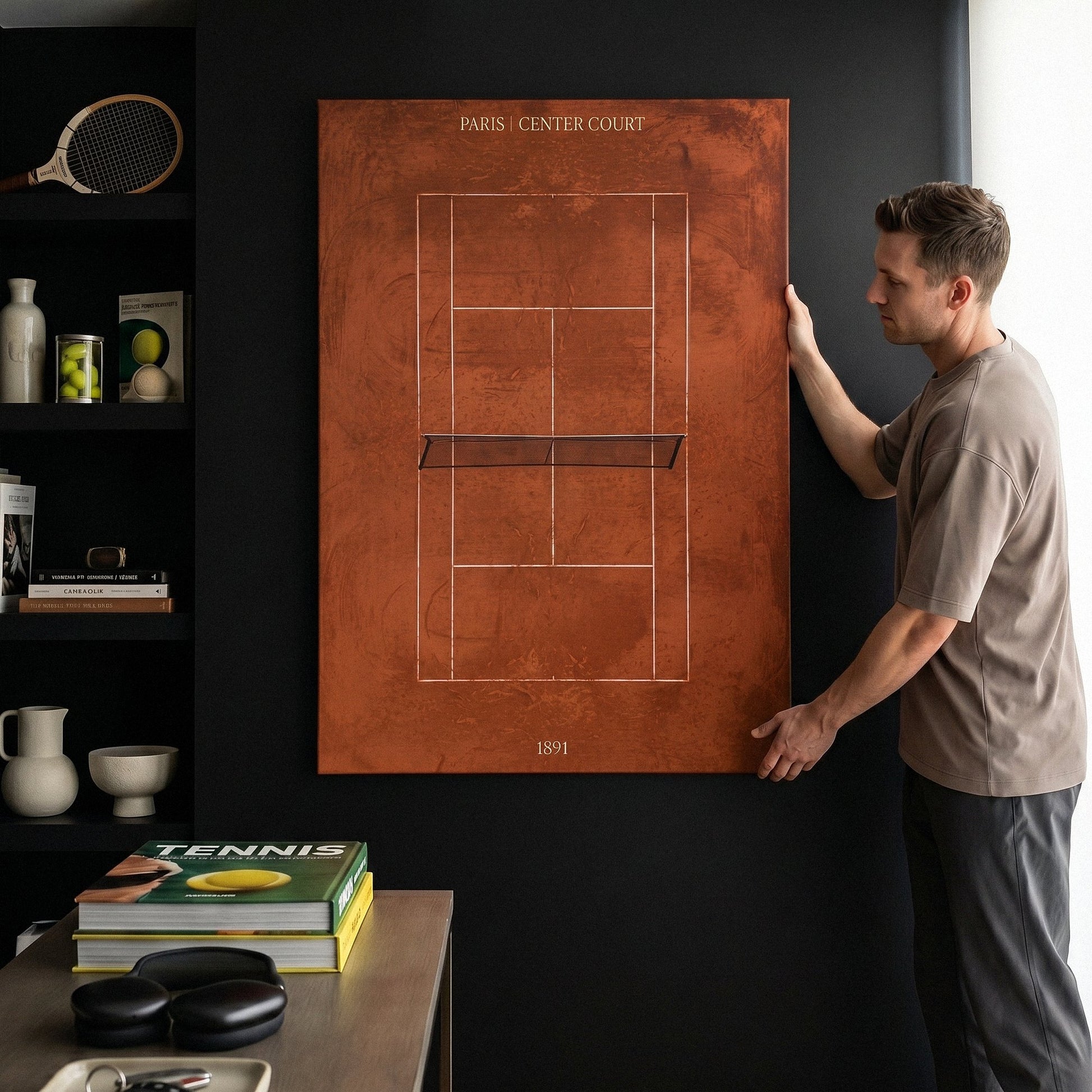 Paris Center Court tennis canvas above a home office desk