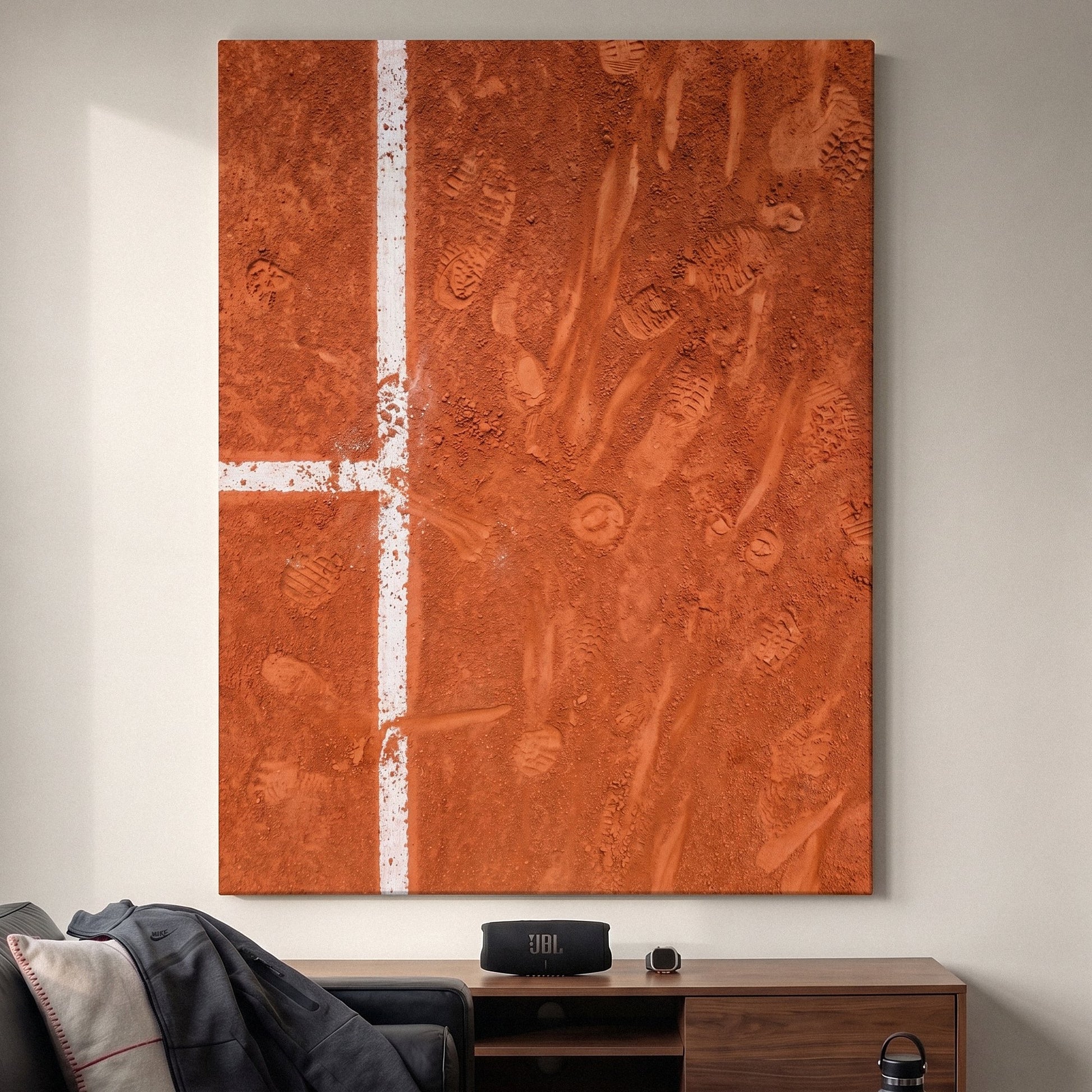 Paris Court tennis wall art canvas above a console table in a bright modern hallway