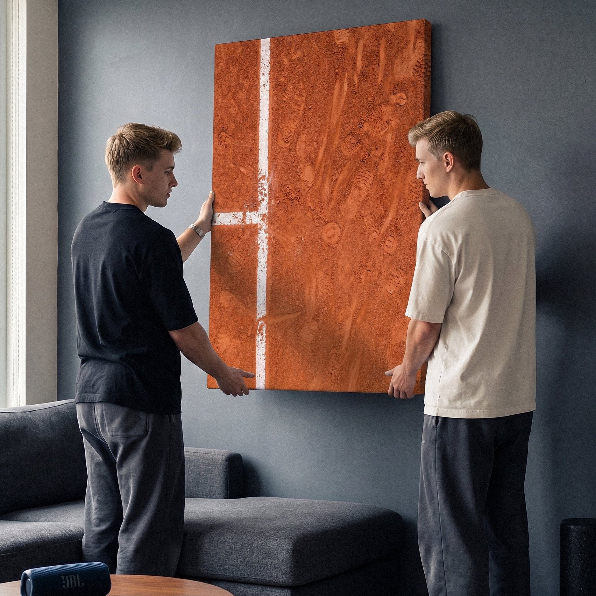 Two people viewing the Paris Court tennis canvas print together in a home setting
