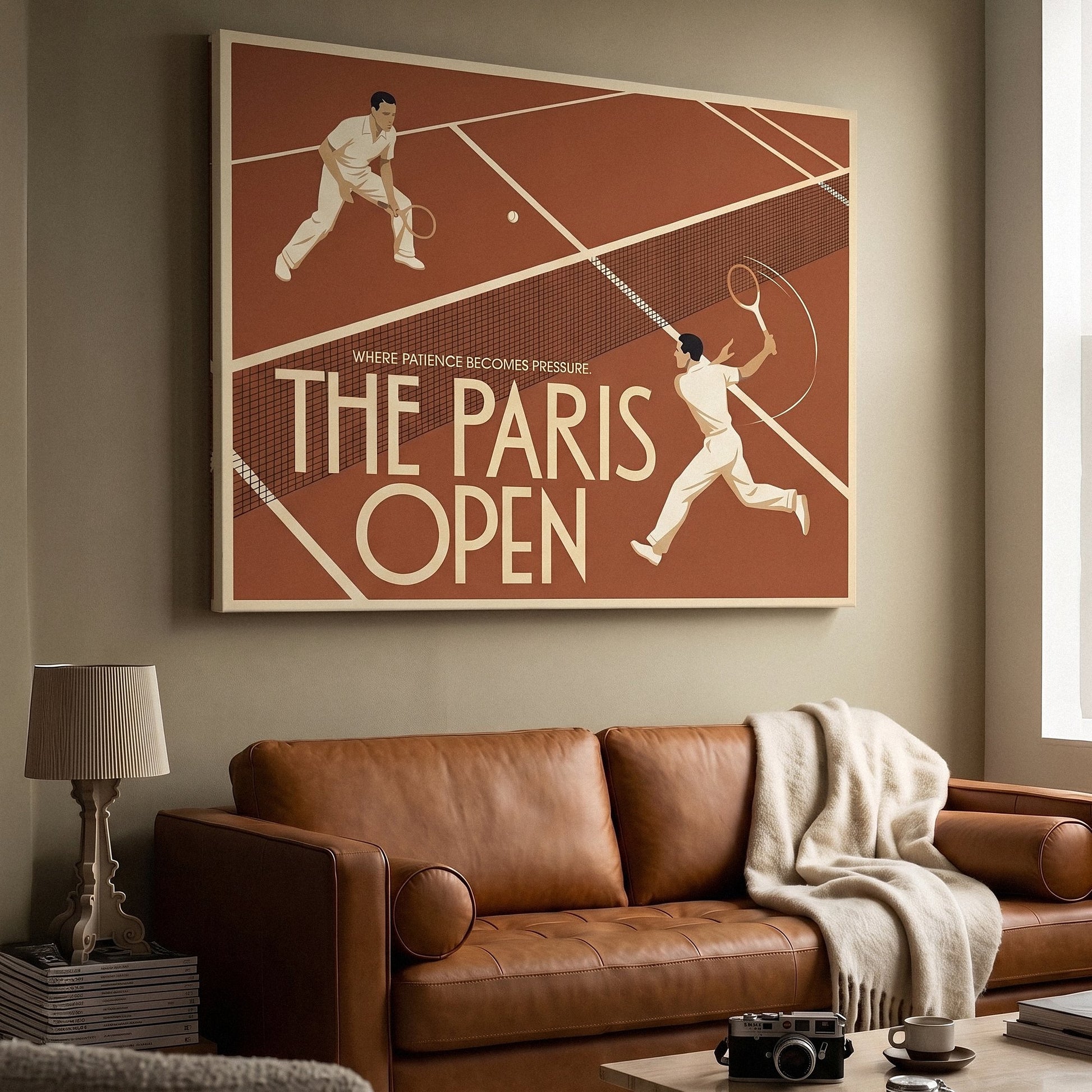 Paris Open tennis canvas at an angle on a wall