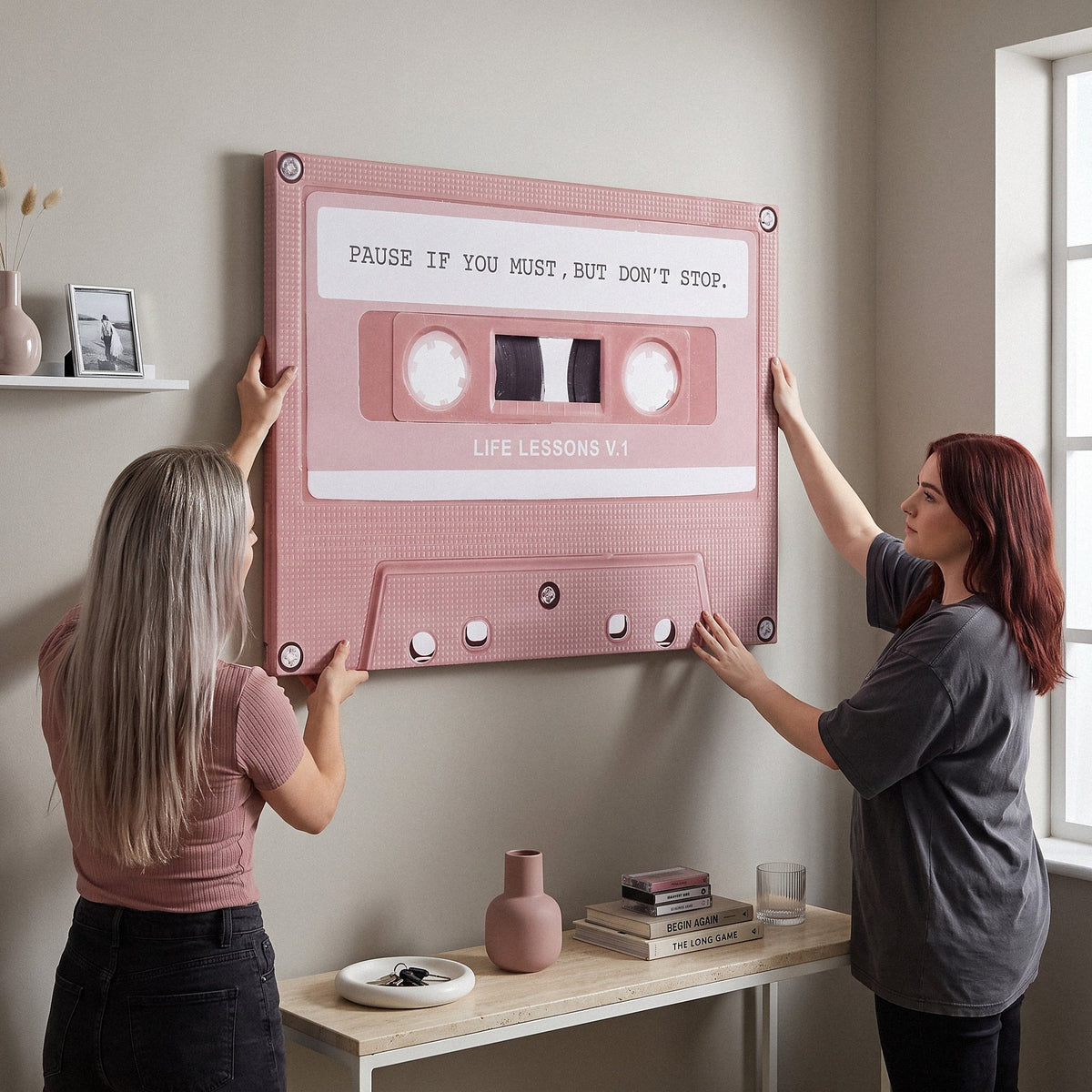 Pause If You Must canvas in a living room with two people
