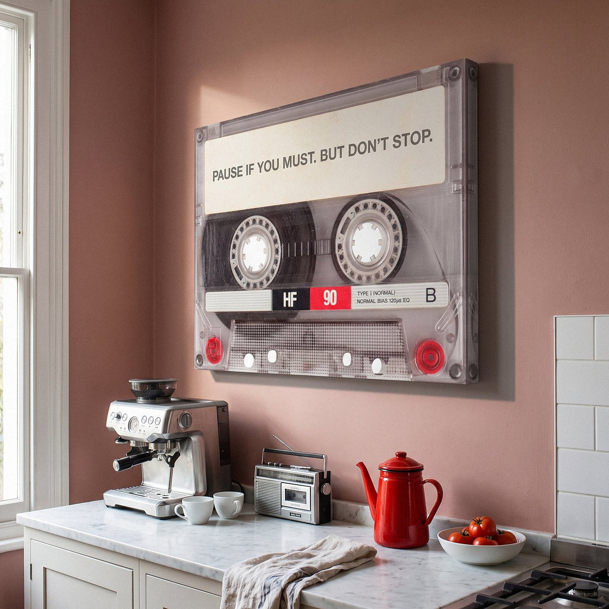 Pause If You Must clear cassette canvas on the wall of a contemporary living room