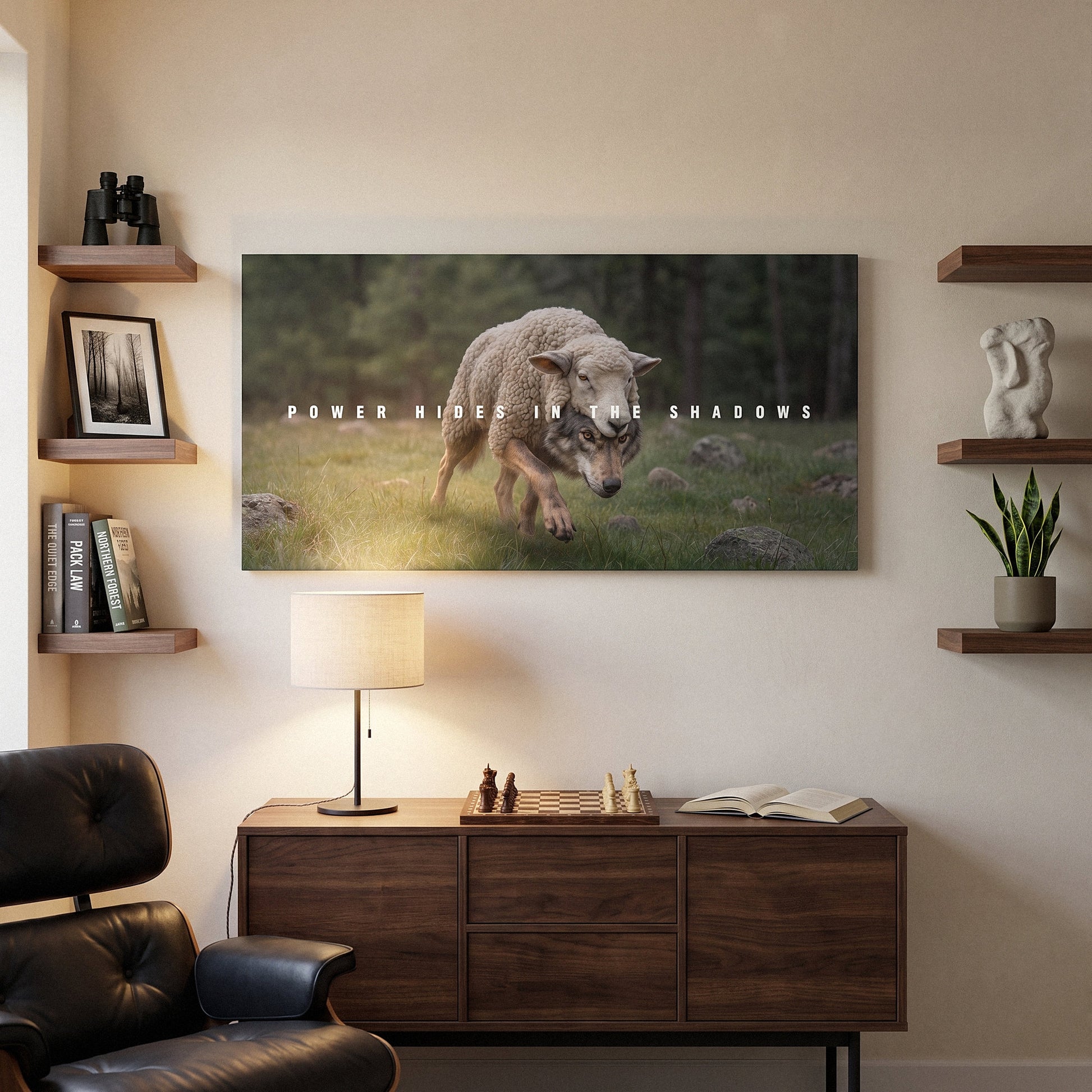 Power Hides In The Shadows wide wall art above a walnut sideboard in a home library