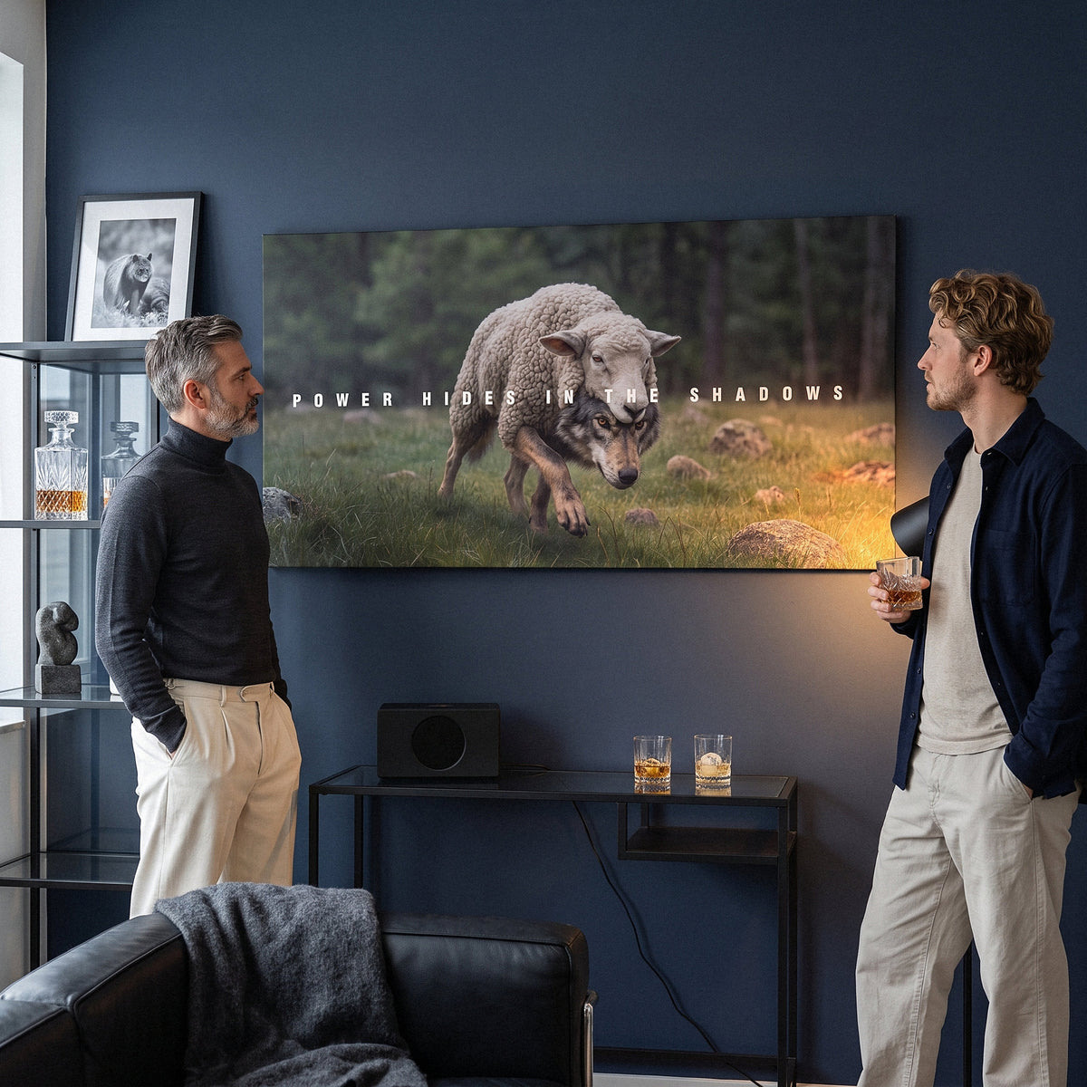 Power Hides In The Shadows wall art in a navy living room with two men looking at it