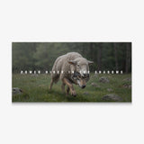 Power Hides In The Shadows canvas wall art, a wolf in sheep's clothing prowling through misty green meadow grass