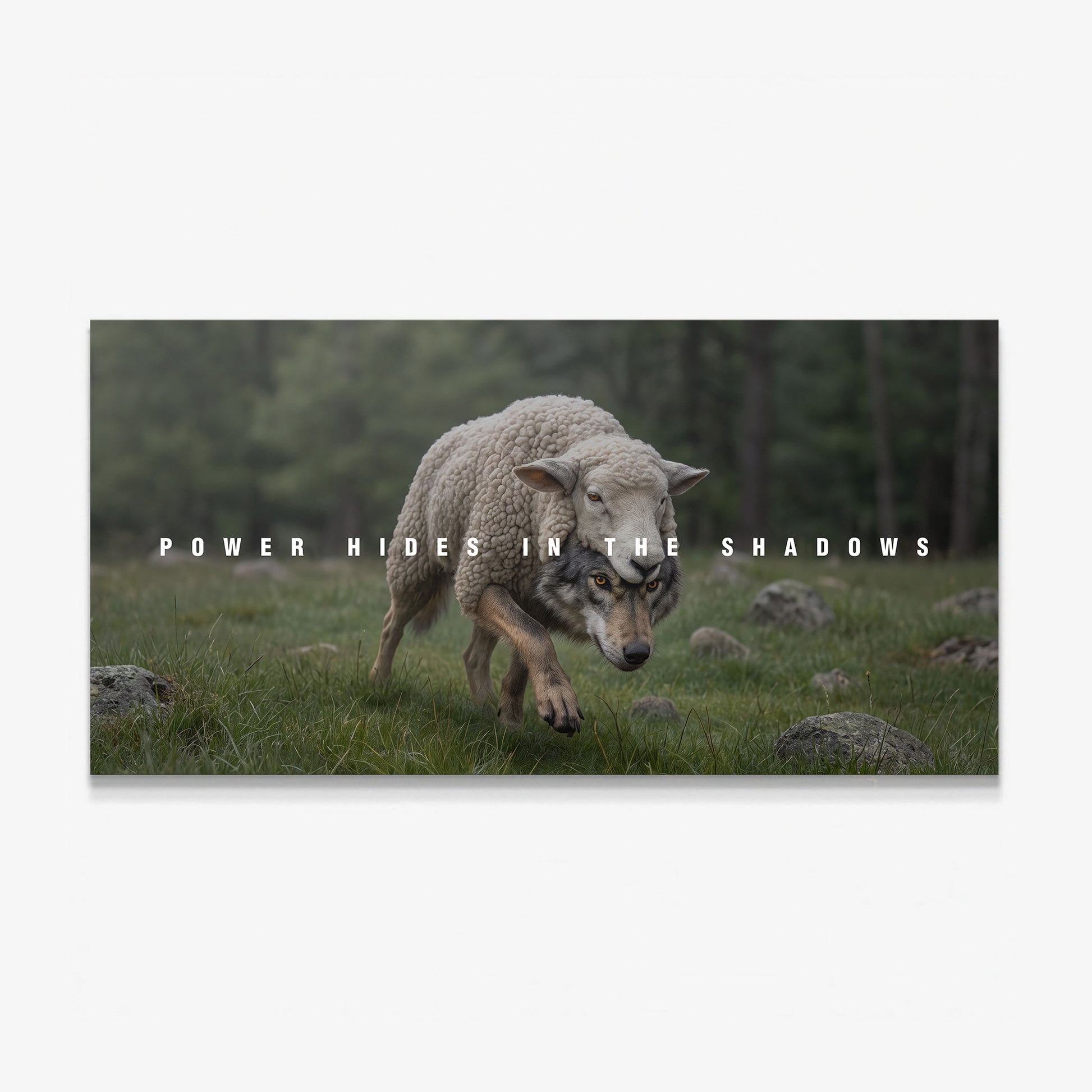 Power Hides In The Shadows canvas wall art, a wolf in sheep's clothing prowling through misty green meadow grass